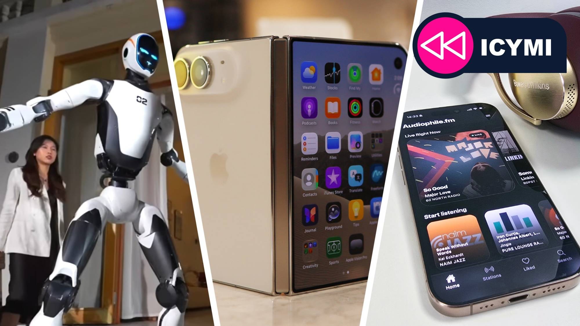 A collage representing various tech news, including Apple devices, Spotify logo, and robotic technology.
