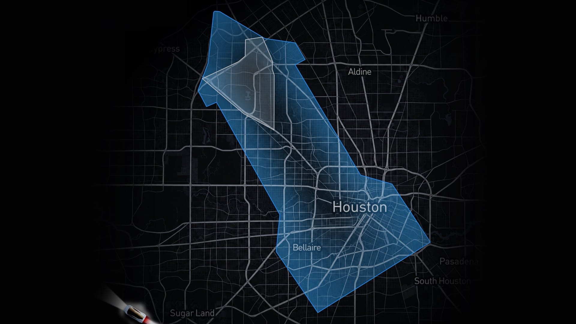 Map of Tesla Robotaxi Houston service area expansion shaped like a rocket, from northwest Houston to downtown and Bellaire