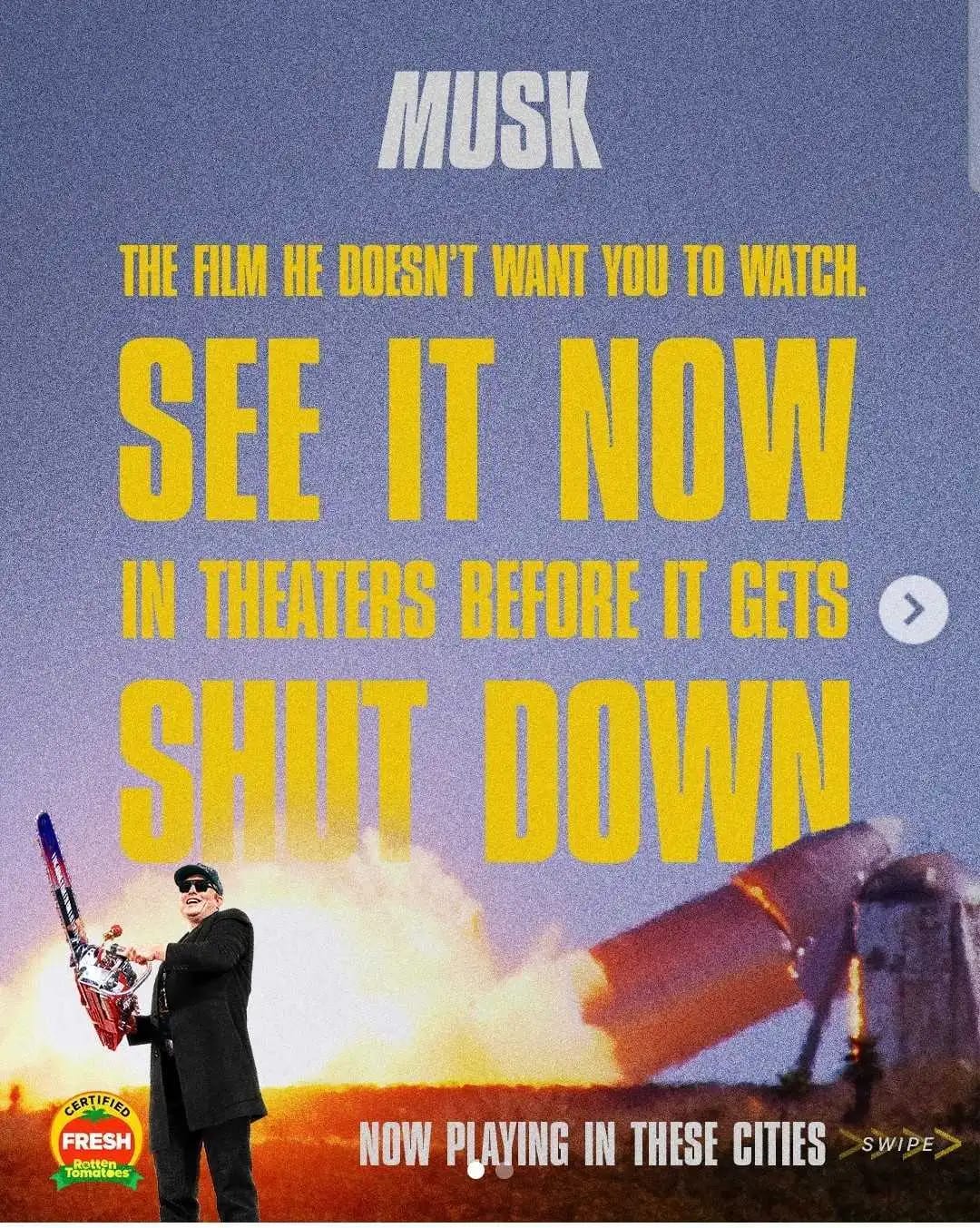 Promotional post for Alex Gibney’s Musk documentary suggesting you “see it now … before it gets shutdown.”
