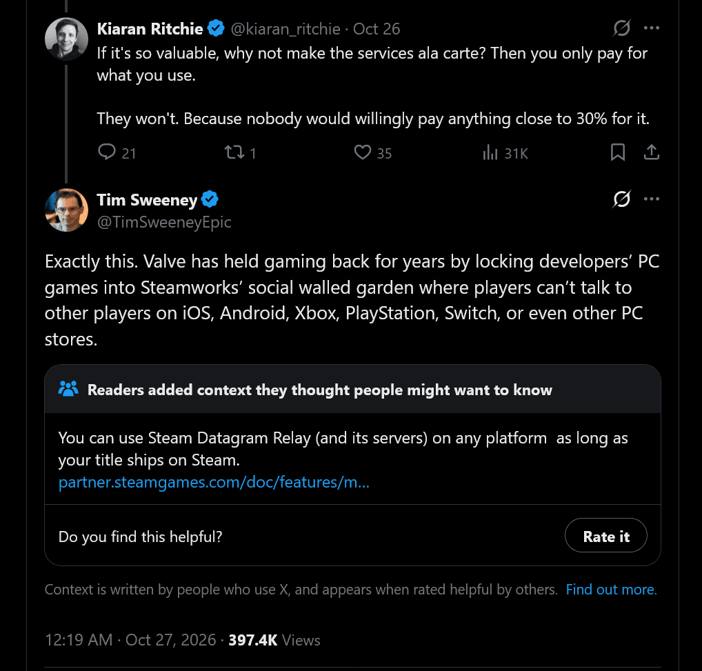 Exactly this. Valve has held gaming back for years by locking developers’ PC games into Steamworks’ social walled garden where players can’t talk to other players on iOS, Android, Xbox, PlayStation, Switch, or even other PC stores.