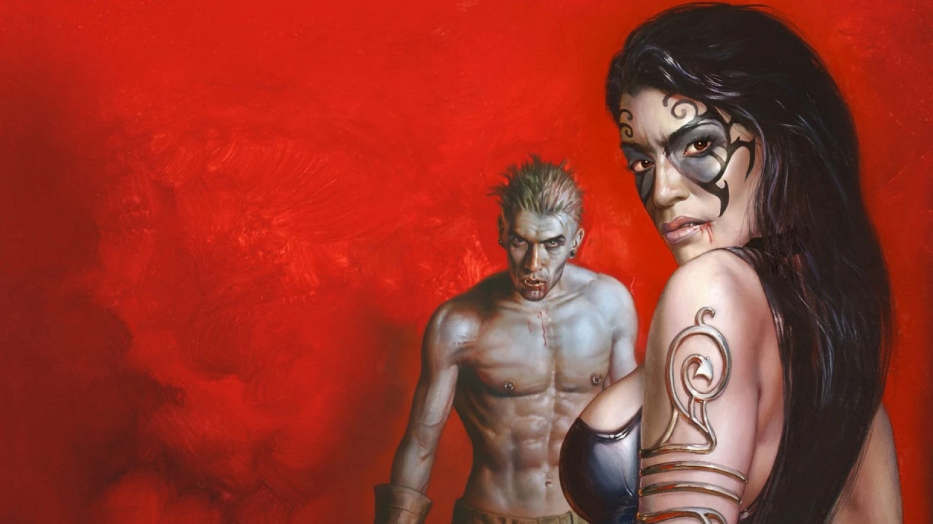 Vampire: The Masquerade - Bloodlines-ის ლოგო და თამაშის ატმოსფერული კადრი