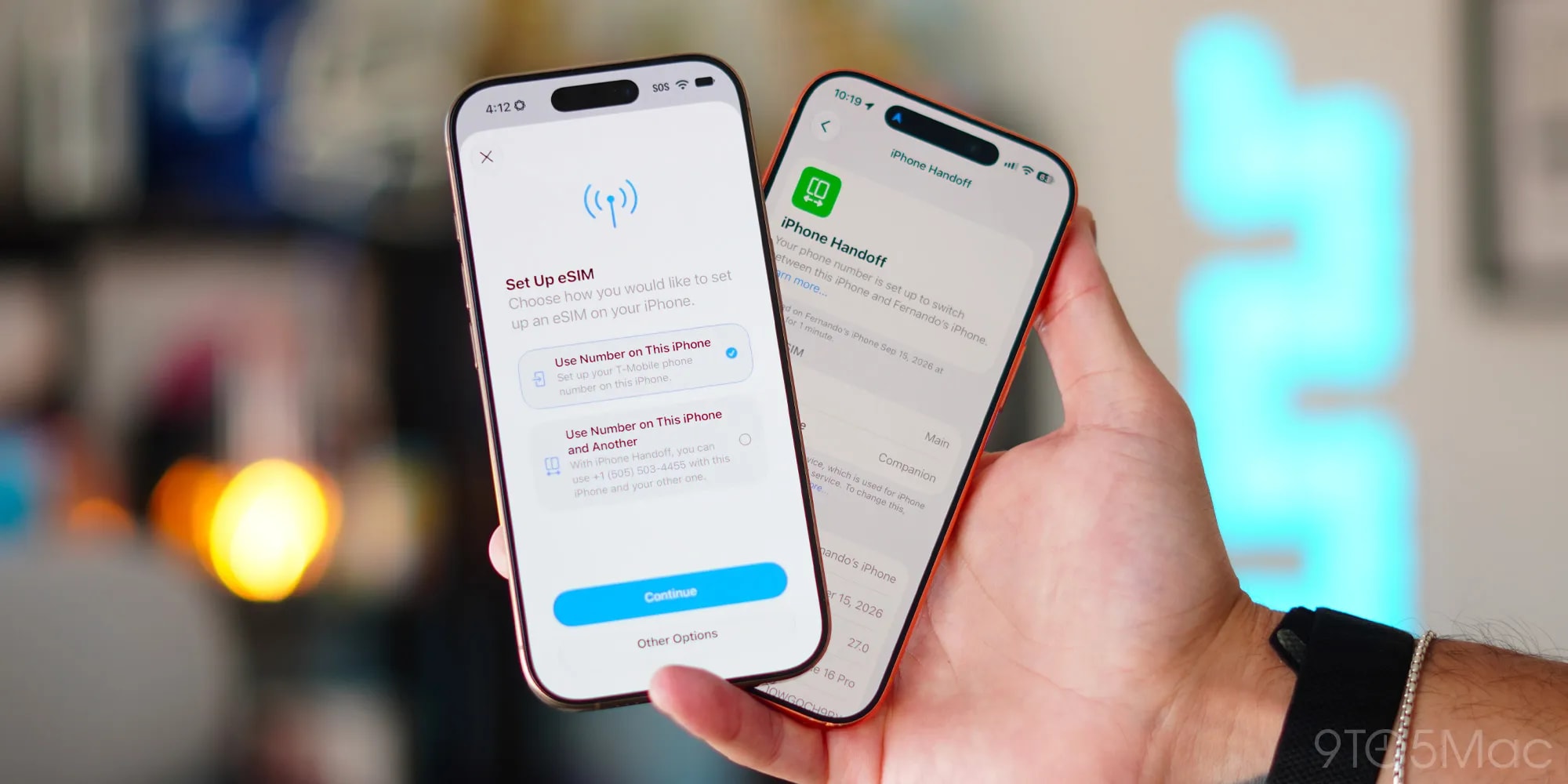 Two iPhones side by side displaying the Apple Handoff interface
