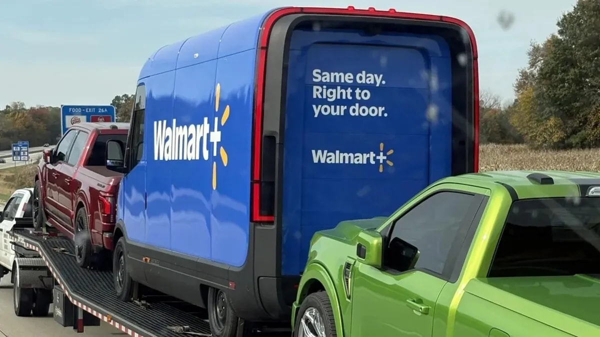 A Rivian electric delivery van featuring Walmart branding spotted in public.