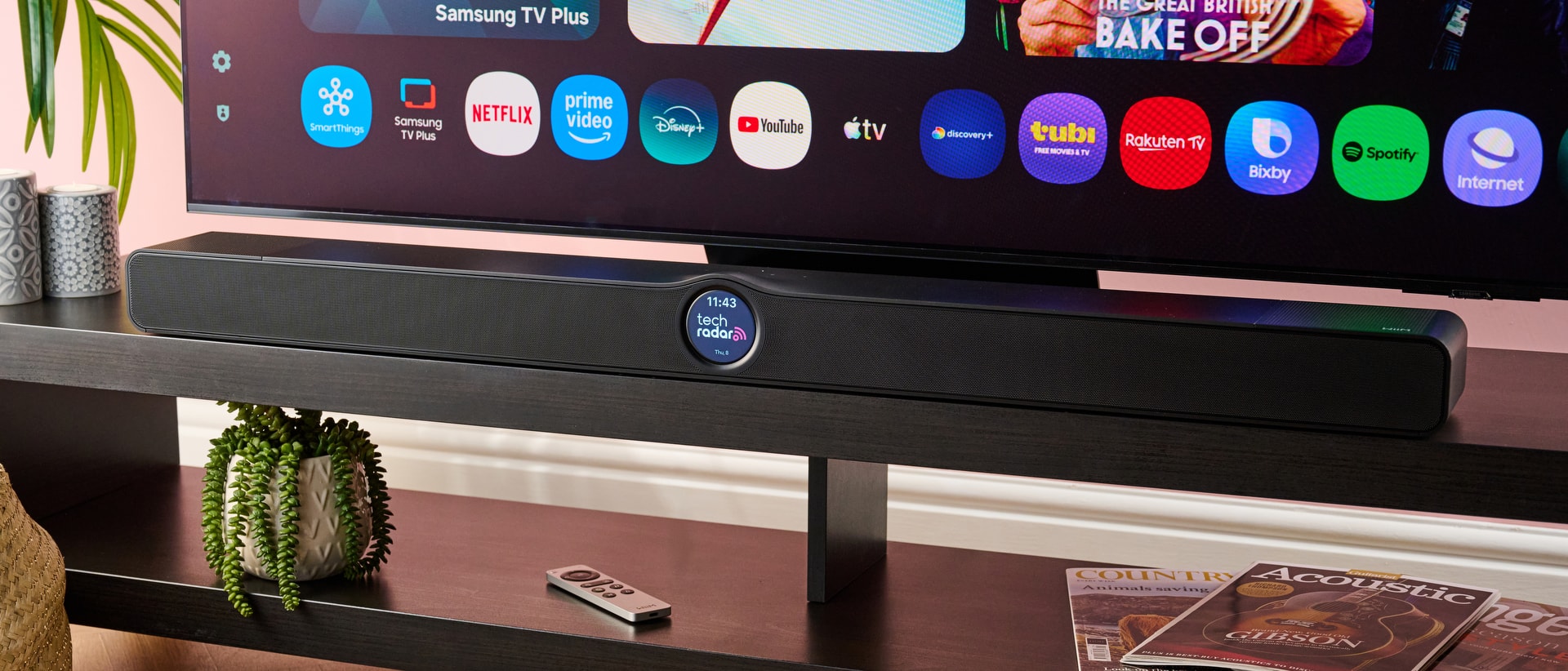 WiiM Bar soundbar with its built-in display visible