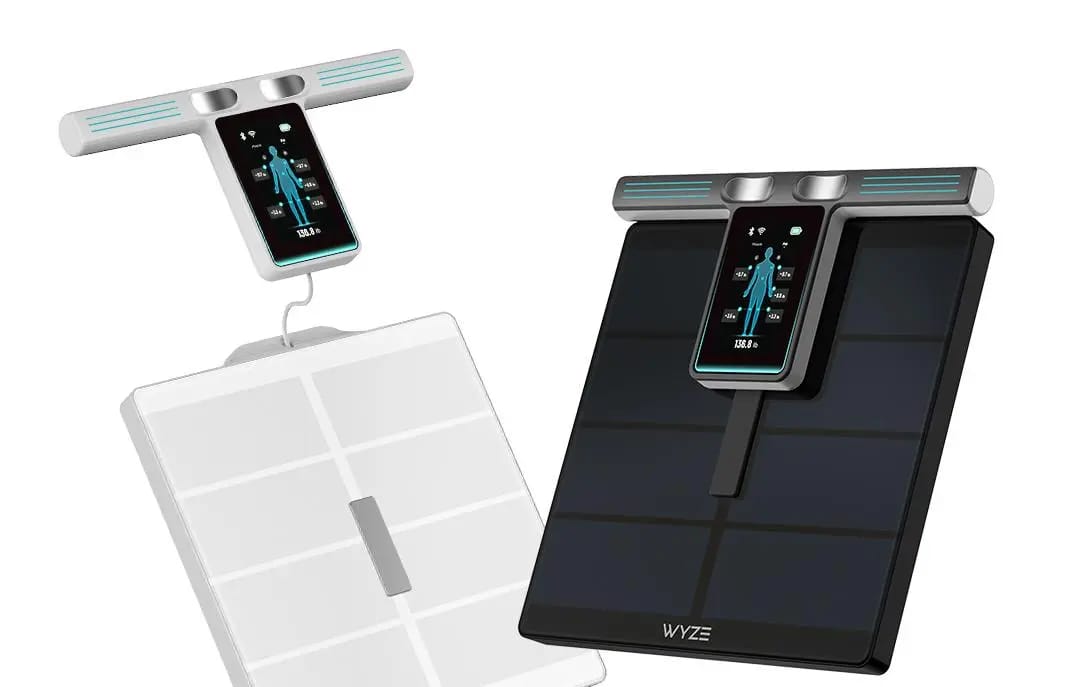 The Wyze Scale Ultra BodyScan Plus in black and white with its screen handle docked and detached.