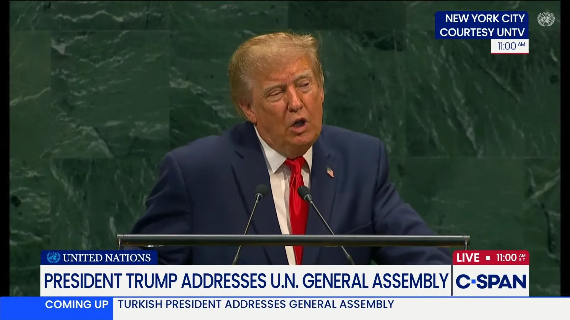 Donald Trump speaking at the UN General Assembly podium.
