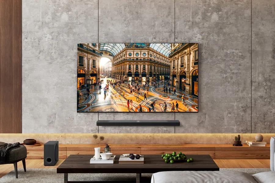 An LG smart TV screen displaying a modern living room setup