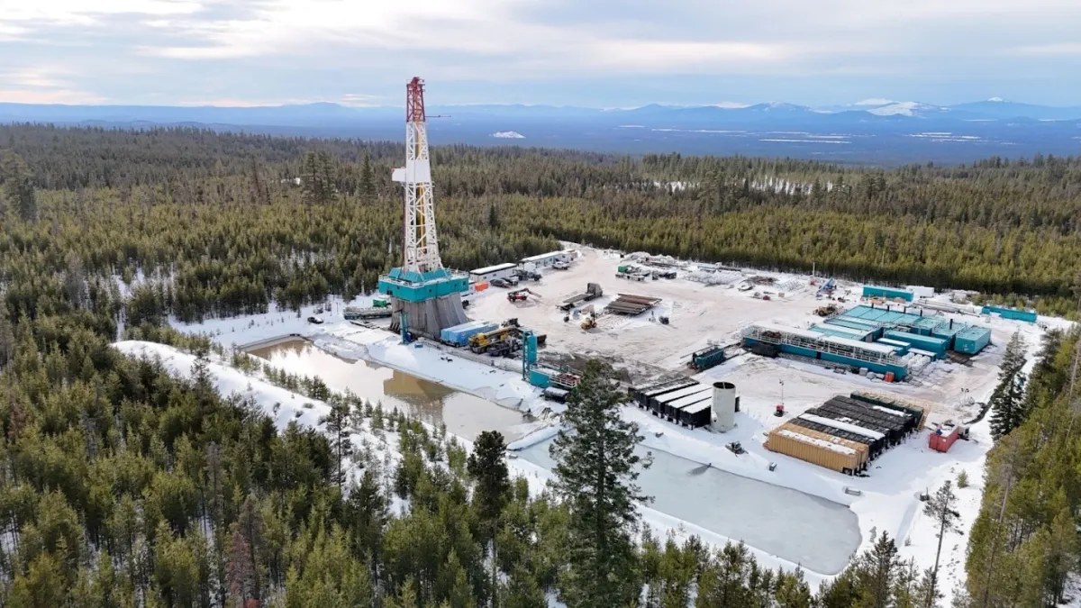 Deep underground drilling rig reaching superhot rocks for geothermal energy production