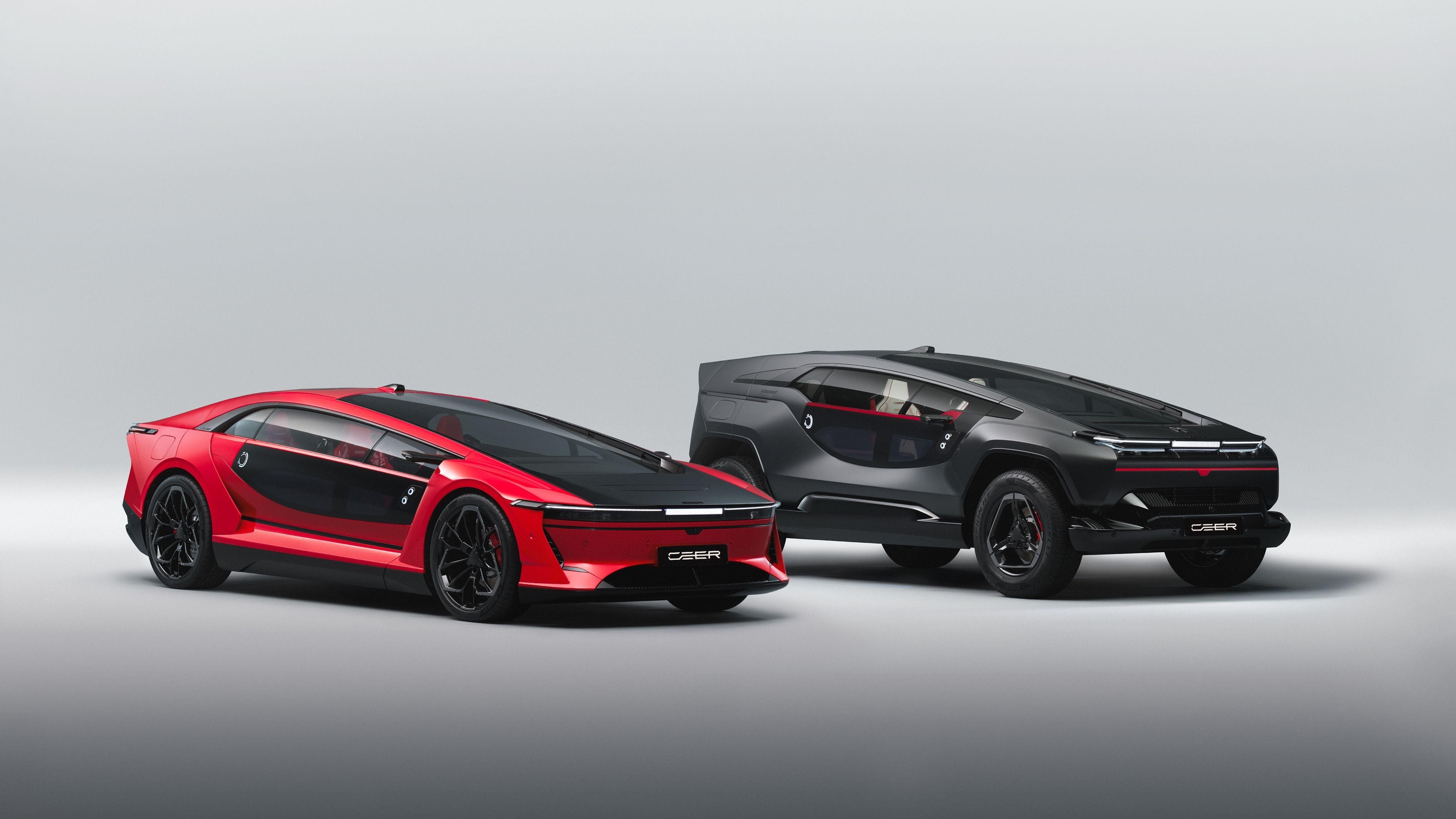 Futuristic Exobot electric vehicles with angular design